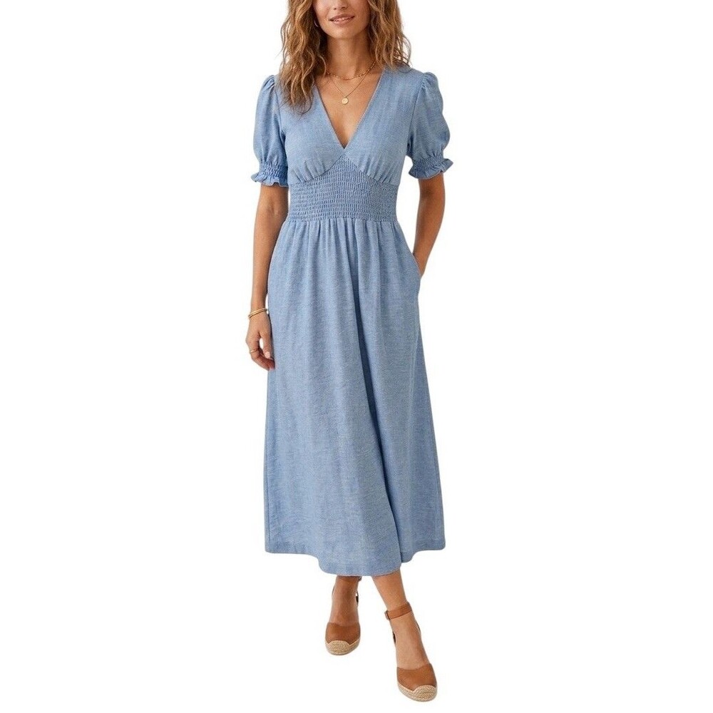 Hutch Anthropologie Midi Dress Smocked Waist Puff Sleeve LARGE Lt Blue Peasant